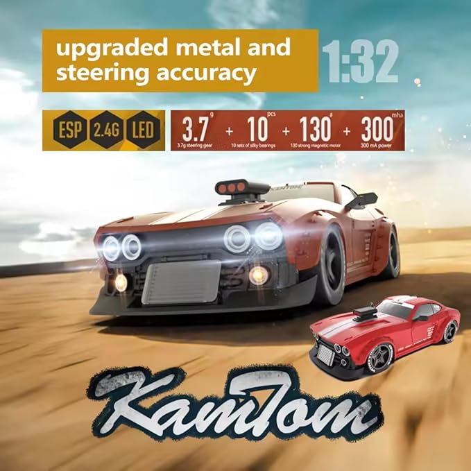 RC Drift Car 1/32 Scale High-Speed 4WD Mini Electric Remote Control Car 30 km/h with Gyro Stabilization and LED Lights Suitable for Adults (KM3299-Red)
