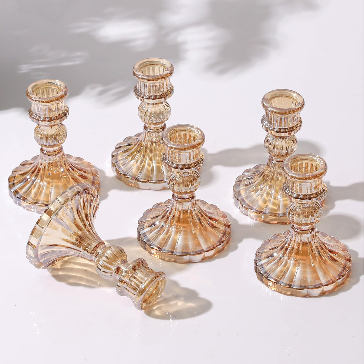 6 Pcs Golden Glass Taper Candle Holders – 4" Ribbed Candlestick Holders for Standard Candles | Elegant Centerpiece for Wedding, Party, Holiday & Home Decor