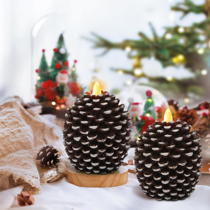 Wondise Flameless Candles with 6H Timer, Battery Operated Flickering Wick Real Wax Pine Cone Candles for Holiday Indoor Decoration, Set of 2, Brown(D3.5 x H4.7 Inch)