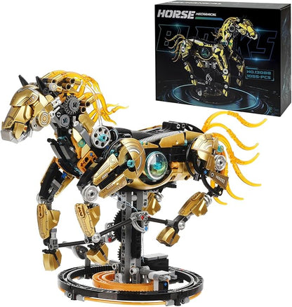 Mechanical Horse Building Blocks Linkage Kit Animal World Model with Lighting &amp Display Stand STEM Toy DIY Desktop Ornament for Boys Ages 12+ Adult Collectors Unique Birthday Gift Idea