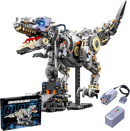 Mechanical T-Rex Dinosaur Building Blocks Set–Collectible Dino Model with Movable Gears LED Lights &amp Motor Complete with Display Stand Ideal Hobby Gift &amp Home Decor for Adults &amp Teens