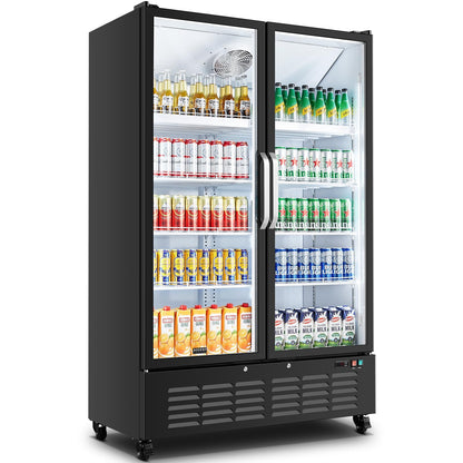 BODEGACOOLER Commercial Merchandiser Refrigerator, 36.8 Cu.Ft Double Glass Door Beverage Cooler, Upright Display Refrigerator with Soft LED Light, Adjustable Shelves, 4 Heavy-Duty Casters, Black