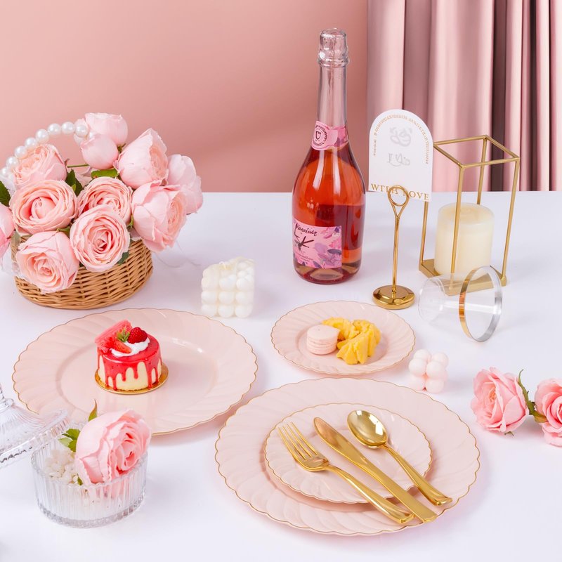 YOUBET 100 Pack Pink Scalloped Plastic Plates - 6.5 Inch Pink Disposable Plates - High End Elegant Vintage Dessert Plate for Party & Weeding & Birthday