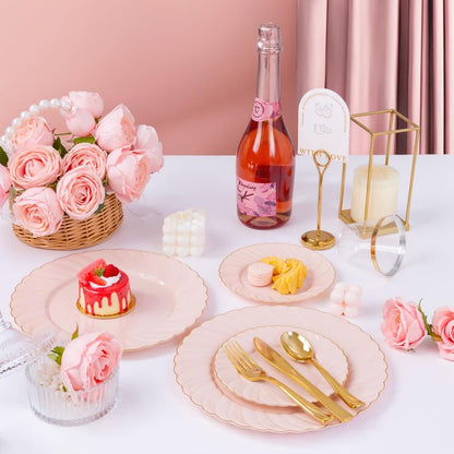 YOUBET 100 Pack Pink Scalloped Plastic Plates - 6.5 Inch Pink Disposable Plates - High End Elegant Vintage Dessert Plate for Party & Weeding & Birthday
