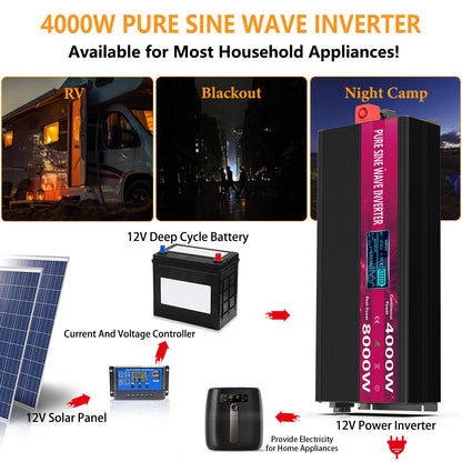 4000W Pure Sine Wave Power Inverter 12V DC to 110V/120V AC, 8000W Peak with Remote Control, 4 AC Outlets, Dual USB, LED Display, Heavy Duty Converter for RV, Truck, Solar System, Off-Grid & Emergency