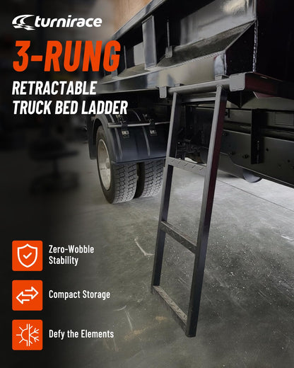 Turnirace 3-Rung Retractable Truck Bed Ladder - Heavy Duty Steel Truck Bed Step for Flatbeds, Dump Trucks & Trailers - Black Powder Coated, 32.5-Inch Extension, Bolt/Weld-On