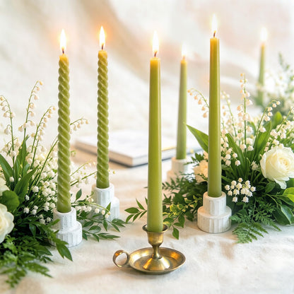 Whaline 6 Pack Olive Green Taper Candles and 6 Pack Spiral Candles Set 10 Inch Elegant Dripless Twisted Wax Candle Long Unscented Candlesticks for Spring Wedding Dinner Party Home Table Decor