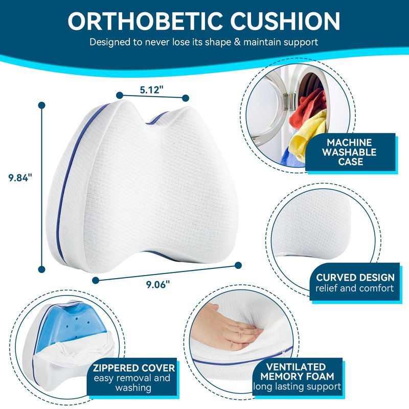 QISHFEN Knee Pillow for Side Sleepers Hip Pain Memory Foam - Leg Pillow for Side Sleeping Back, Sciatica, Knee Pain Relief - Side Sleeper Pillows with Washable Cover (2 Pack)