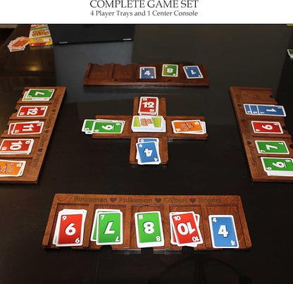 Custom Compatible with SKIPBO Card Game Player Organizers - Compatible with SKIPBO Game Board - Handmade Compatible with SKIPBO Gameboard | Complete set - 4 Player Trays + 1 Center Console | Red Oak
