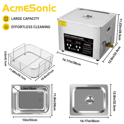 ACMESONIC Ultrasonic Cleaning Machine 15L Digital Ultrasonic Parts Cleaner with Timer 40kHz SUS 304 Stainless Steel Lab Sonic Cleaner for Professional Tools,Metal Parts,Jewelry,Eyeglasses