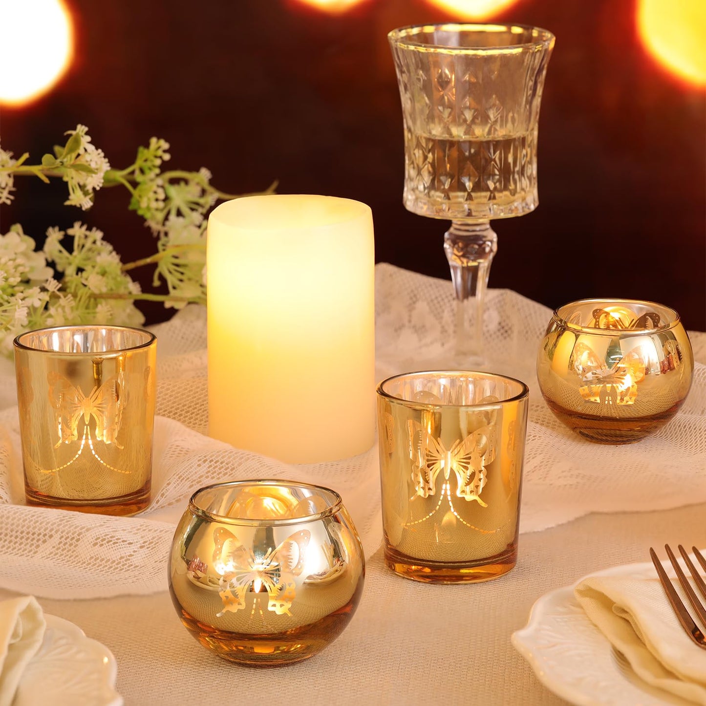 Lanttu Gold 12 PCS Combination Tea Lights Candle Holder Decorative with Butterfly Pattern, Votive Candle Holders for Wedding, Birthday, Anniversary, Parties, and Holiday Decorations