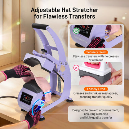 GOCHIFIX Heat Press, Precise Temp/Timer Control, 6.54"x3.84"Curved Heat Plate, 2 Hat Pad, Hat Stretcher, Safety Base, Glove, Hat Press Heat Machine for Caps, Sublimation, Vinyl, Heat Transfer