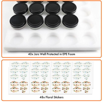 Jaisie.W 4 oz Mini Glass Jars 40Pack - Small Mason Jars with Lids & Stickers for Food Storage, Candle Making, Pantry Organizers - Black Lids