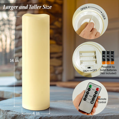 Yongmao 4" x 14" Ivory Large Waterproof Outdoor Flameless Candles Battery Operated LED Flickering Pillar Candles with Remote and Timer for Indoor Outdoor Lanterns, Long Lasting, Set of 2