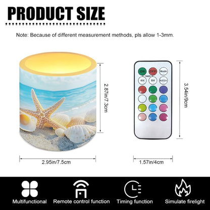 Merkmak 4 Pack Flickering Flameless Candles with Remote and Timer Control LED Pillar Tea Lights for Coastal Theme Home Decorations Battery Operated Candles, Shell Starfish