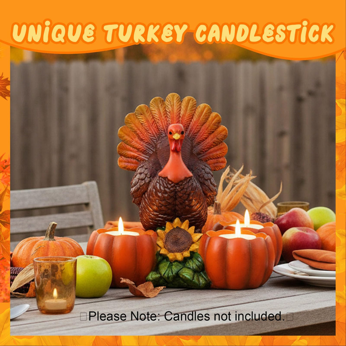 Thanksgiving Turkey Tealight Candle Holder with 3 Pumpkin & Sunflower Decor, Thanksgiving Table Centerpieces Autumn Votive Candle Holder Turkey Figurine for Fall Home Decor