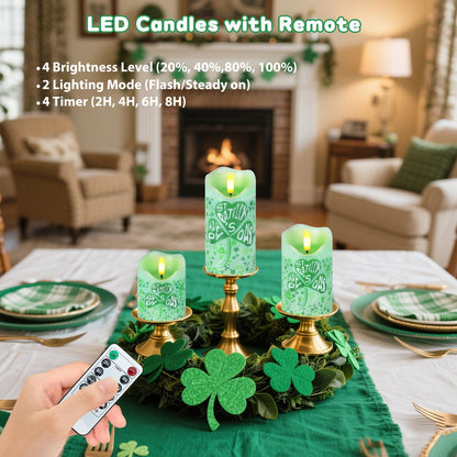 Flameless Candles Lights, Set of 3 Flickering St. Patrick's Day Pillar Candles with Remote & Timer, Dimmable Real Wax Shamrock LED Candles Battery Operated for Home St. Patrick's Day Decor (Clover)