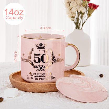 50th Birthday Gifts for Women Her, Fabulous 50 Aged to Perfection, 14oz Gold Pattern Coffee Mug, Cool Gifts Idea for Turning 50 Year old Mom, Wife, Daughter, Sister, Friends, Aunt, Nice Gift Boxed