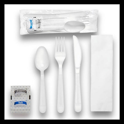 Pokanic Plastic Utensils x [125 Pack] Silverware Wrapped Combo Set Bulk Variety Pack Disposable Cutlery Party Supply Heavy Duty Forks, Spoons, Knives, Napkins, Salt Pepper (125 Pack, White - Set A)