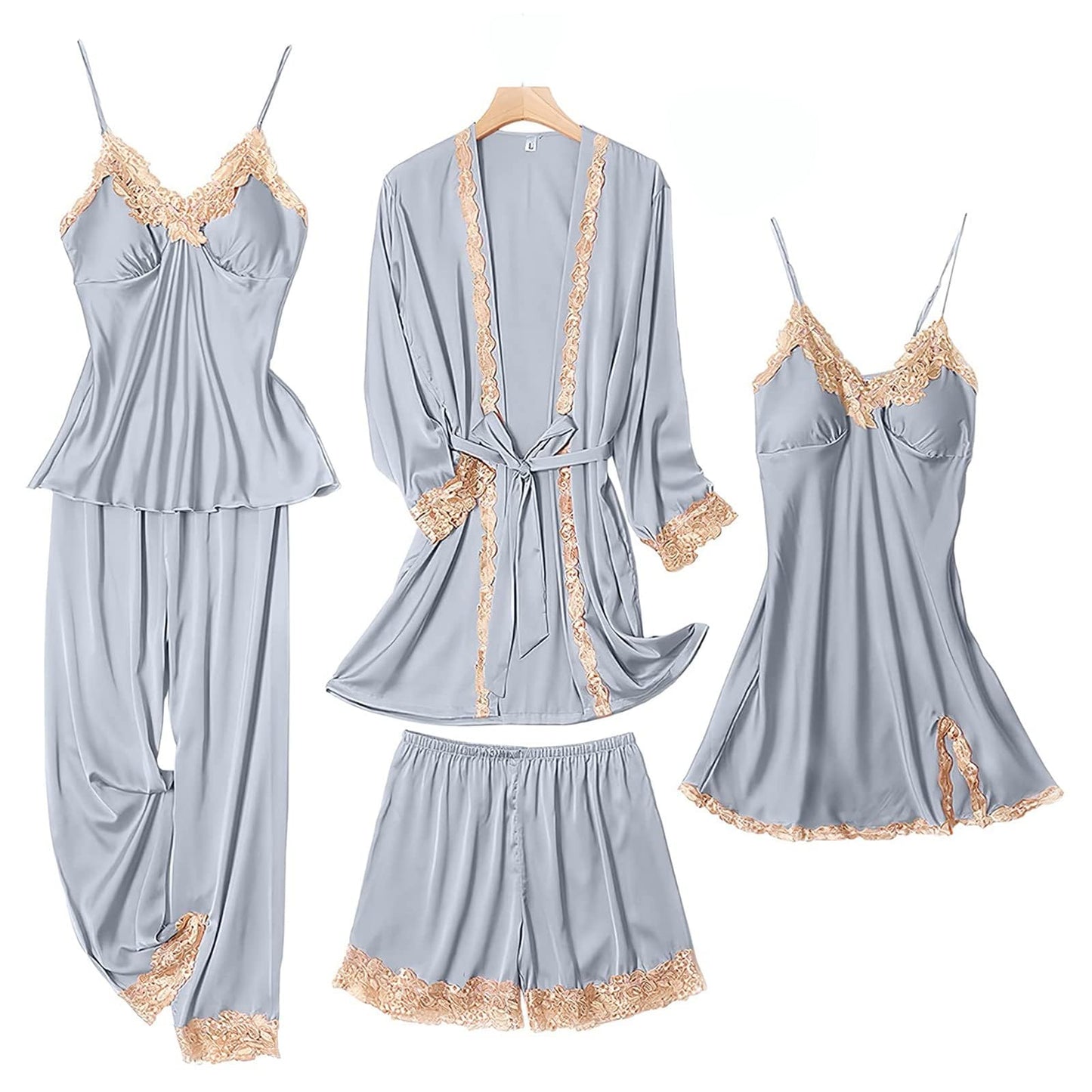 SAPJON Womens Pajama Sets 5PCS Silk Pajamas for women Cute Sleepwear Loungewear Satin Pajamas Sets for Women Soft