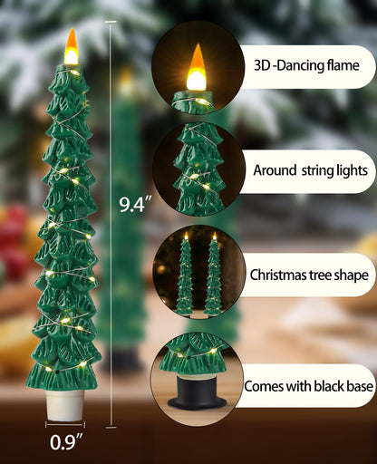 Fanzir Xmas Tree LED Flameless Taper Candles with Remote Control Timer 9.5‘’ Battery Operated Candle with String Lights 2Pcs for Christmas Gift or Special Festivals Decorations