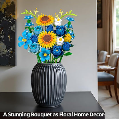 Blue Rose Flowers Valentines Gifts - Bouquet Building Set Compatible with Lego Flowers for Adults Women Van Gogh's Starry Night and Sunflowers Style Christmas Mother's Day Home Decor