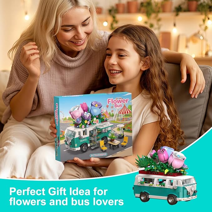 Flower Car Building Block Set City Camper Van Building Set Botanical Collection Flowers Vehicles Blocks Toys Friends Creative Gift for Boys Girls 6-12 Years Old (862 pcs)