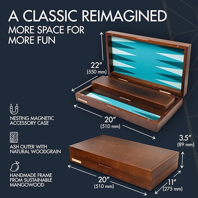 20 Inch Large Backgammon Sets for Adults Green Backgammon Board Solid Wood. Removable Accessory Tray Premium 1.5 Inch Checkers &amp Dice Set Backgammon Game Set Backgammon Table