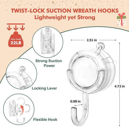 VIS'V Wreath Hanger, Large Twist Lock Suction Cup Wreath Hooks, Heavy Duty, 22 LB Capacity, Removable and Reusable, Round, Clear, 2 Pcs