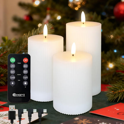 LEDHOLYT Rechargeable Flameless LED Pillar Candles–Luminous Real Wax Indoor Home Decor–Set of 3, Realistic Flickering LED Flame,Remote & Timer, USB-Rechargeable（White）