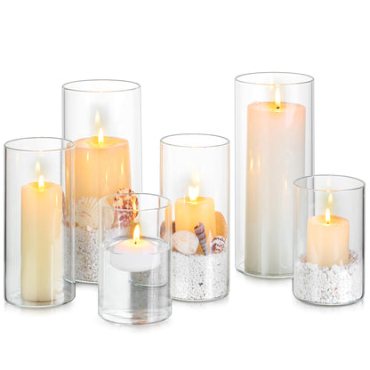 Glasseam Hurricane Glass Candle Holders: 6 Pcs Clear Cylinder Vases for Centerpieces Large Pillar Candle Holder for Floating Candles Set Modern Home Decor Wedding Table 5.3'' 7.3'' 9.5'' Height