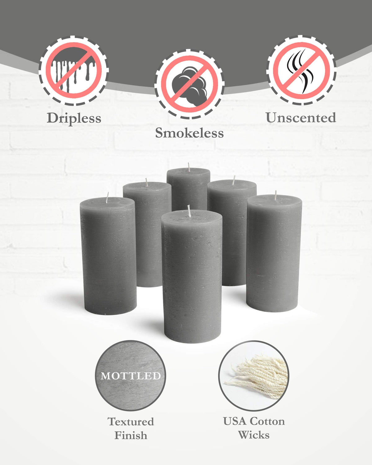 Mottled Pillar Candles by Bask - Set of 6-3" x 6" Dripless Unscented Candles in Grey for Home Decor, Relaxation & All Occasions