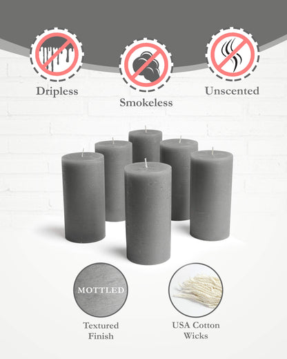 Mottled Pillar Candles by Bask - Set of 6-3" x 6" Dripless Unscented Candles in Grey for Home Decor, Relaxation & All Occasions