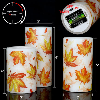 GenSwin Maple Leaf Flickering Flameless Candles Battery Operated with 6 Hours Timer, Real Wax Led Pillar LED Candles Christms Wedding Decoration