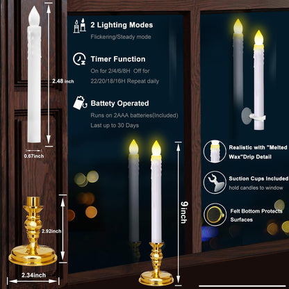Kithouse Flameless Candles 10 Pack Battery Operated Window Candles with Drip Texture,Remote Timer,10 Removable Candle Holders,10 Suction Cups,20 AA Batteries for Home Decor Christmas Wedding(Gold)