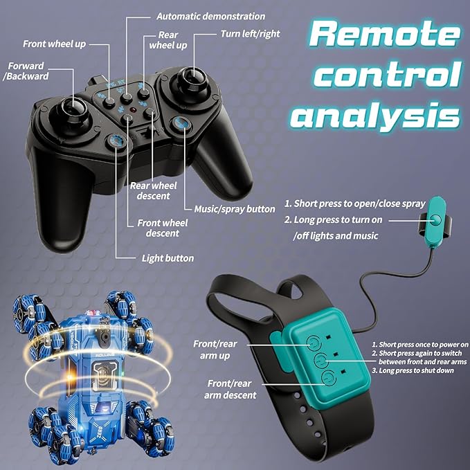 Cool 8 Wheel Gesture Control RC Stunt Car  Birthday Toys Gifts for 6 7 8-12 13 14 Year Old Boys  2.4Ghz Hand controlled Remote Control Transform Drift Cars  Double Sided Climbing with Light &amp M