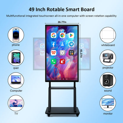 49" Smart Board, Portable Touch Screen TV, RK3588 Octa-Core Whiteboard, Android iOS 12, 10-Point IR Touchscreen, Two-Way Control, Reverse Live Streaming for Classroom Office Home (Wall Mount Include)