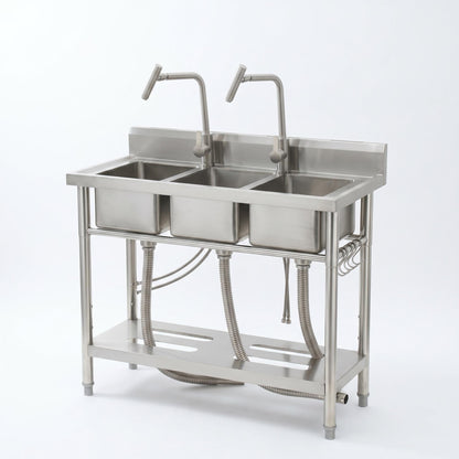 Utility Sink Freestanding Three Bowl Stainless Steel Sink, 39 x 18 x 36 Inch, No Drawer Stand and Two T-Shaped Faucets, Laundry Sink for Kitchen, Bathroom, Garage and Patio