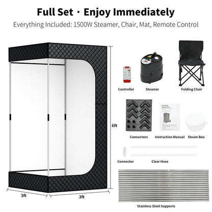 Dikutar Sauna Box - Portable Sauna for Home with Upgraded 3L 1500W Steamer, Folding Chair and Non-Slip Mat for Relaxation Spa, 5-Layer Waterproof and Insulated Steam Tent, 3x3x6ft, Larger (Black)