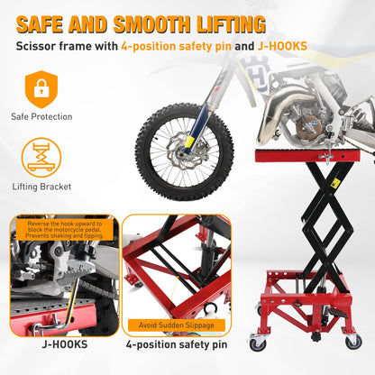 Nilight Motorcycle Lift Table Jack 300 LBS Heavy Duty Hydraulic Motorcycle Scissor Jack Lifts Table Foot Pedal with 4 Caster Wheels Wide Deck for Motorbike Dirt Bike ATV Garage Repair Tool, Red