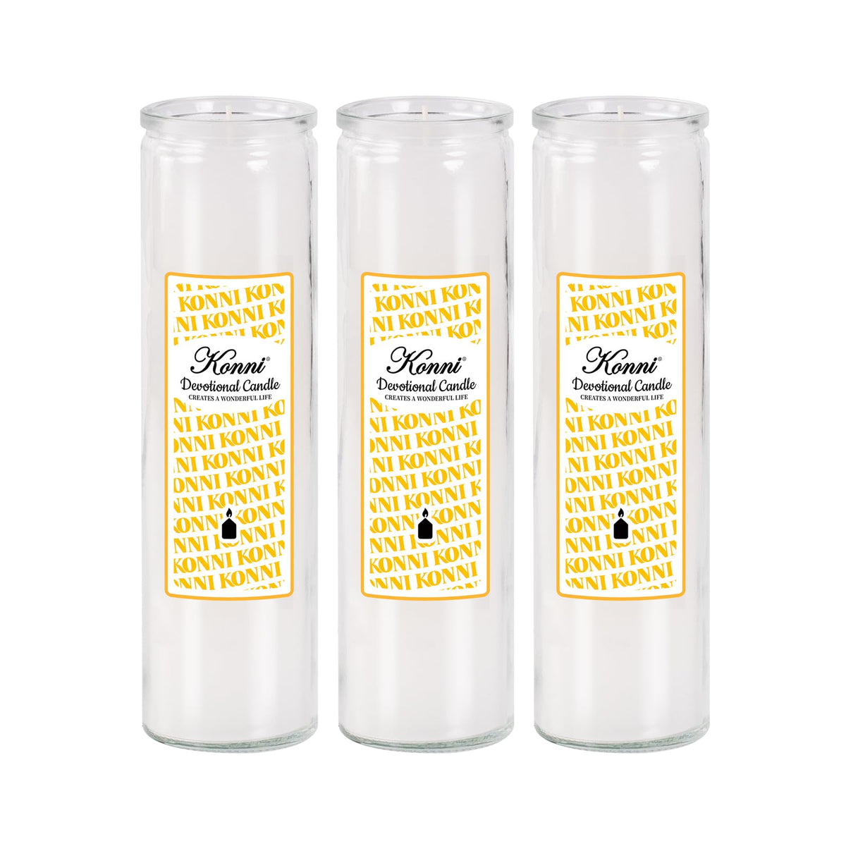 KONNI 2x8 Inch White Pillar Candles in Glass Set of 3, Devotional Prayer Candle, Unscented Religious Candles, 105 Hours Emergency Long Burning, Ideal for Memorials, Vigil, Blessing