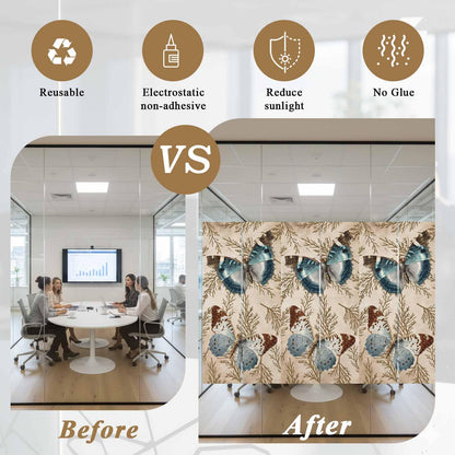 Vintage Butterflies Privacy Window Film, Brown Branch Leaf Plant Insects Stained Glass Film Non-Adhesive Window Clings, UV Blocking Static Sticker Covering Reusable for Home 19.6x39.3in