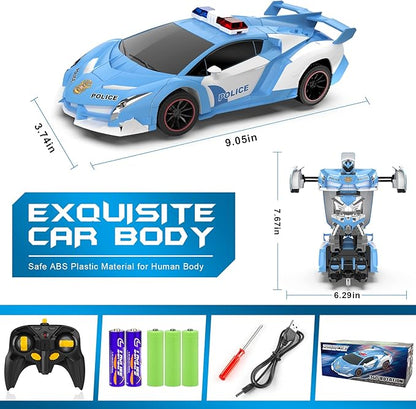 FDJ RC Cars - Transform Remote Control Car 2.4Ghz 1:18 Scale Transforming Police Car Toy with Flashing Light One Button Deformation 360 Degree Rotating Drifting Kids Toys Car for Boys Girls