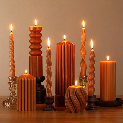 Nuanchu 9 Pcs Modern Decorative Candles Set 5 Pillar Aesthetic Ribbed Candles 4 Spiral Taper Twisted Candlesticks Scented Smokeless Soy Wax for Wedding Holiday Dinner Home Decorations(Brown)