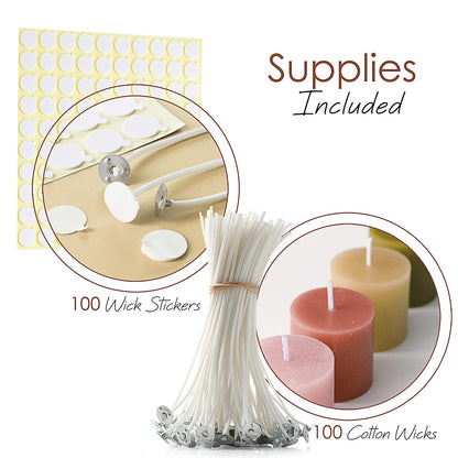 Hearth and Harbor Candle Wicks for Candle Making and Adhesive Candle Wick Stickers, 100 6-Inch Cotton Wicks + 100 Double-Sided Heat Resistant Candle Stickers