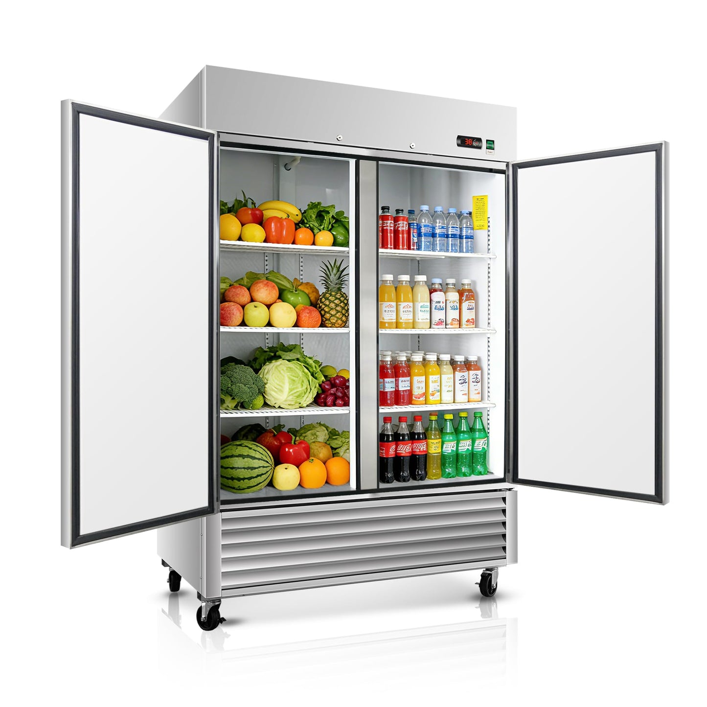 DeepTide 54" W Commercial Refrigerator with Double-Door: 49 Cubic Feet Storage, Adjustable Shelving, Automatic Defrosting, Precision Digital Thermostat, LED Lights, Safety Locks