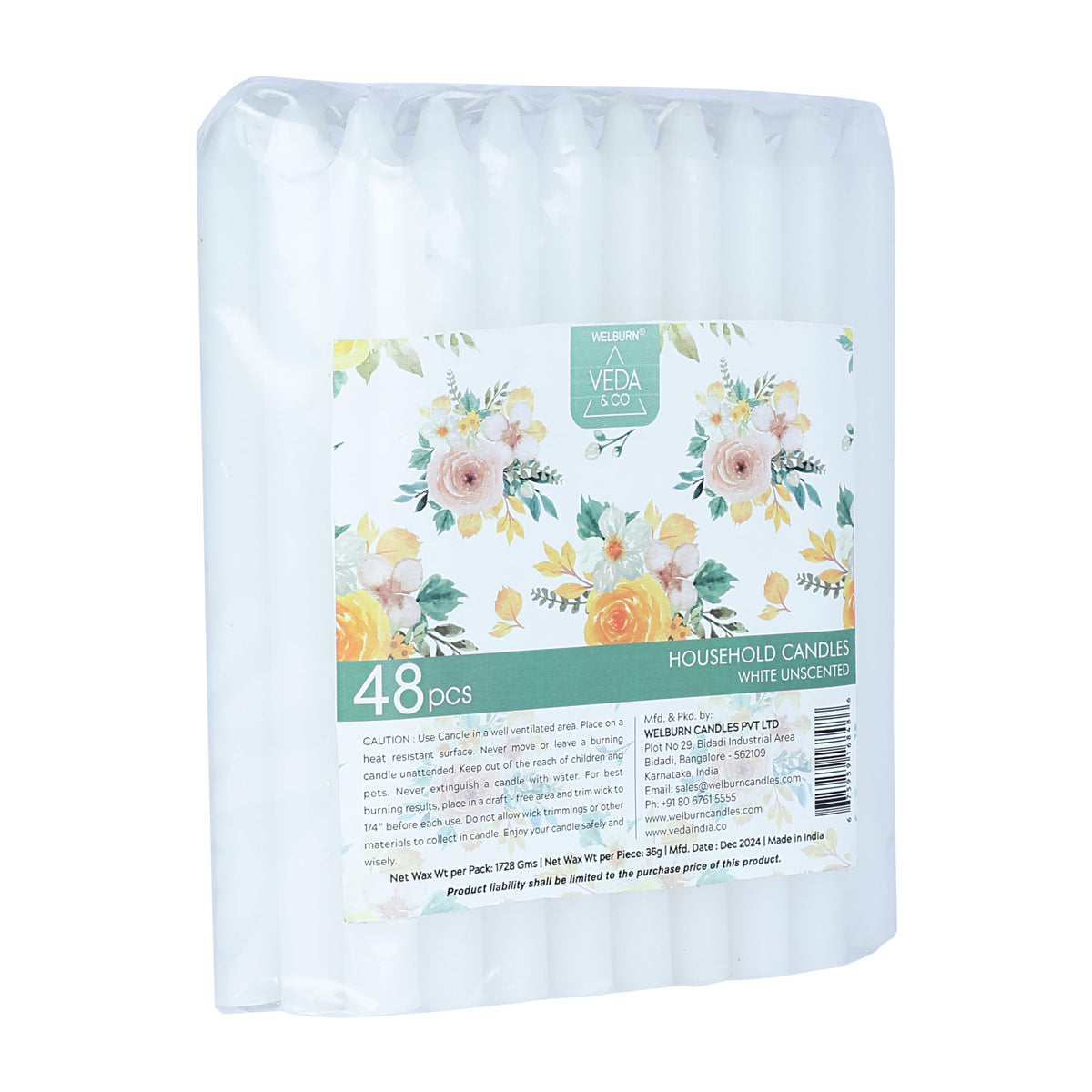 Welburn Veda&Co™ Church Candles, Household, Emergency - Pack of 48, 16mm x 8" (7 Hours Burn Time), 100% Fully Refined Paraffin Wax, for Memorial, Christmas Eve, Shabbat (White)