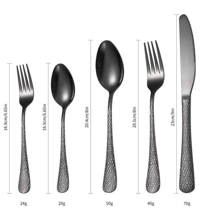 A · HOUSEWARE Black Hammered Silverware Set 8 Stainless Steel Flatware Vintage 40 piece include Knife Fork Spoon Proper Weight for Parties Restaurant Utensils and Kitchen Daily Use