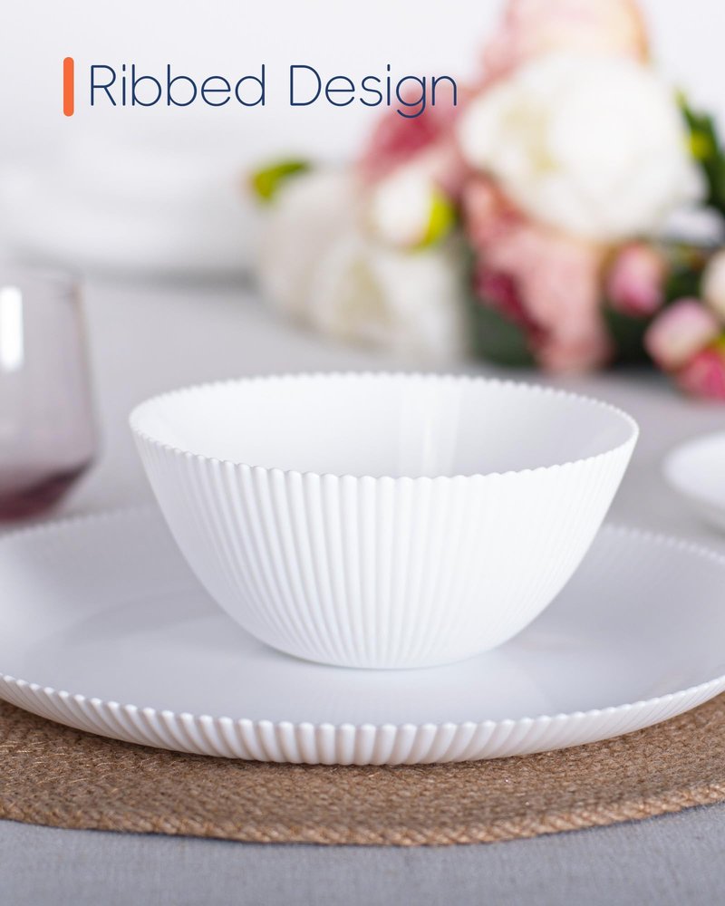 LaGlint 20 OZ Max White Opal Glass Cereal Bowl Set of 6, 6 inch Dishwasher & Microwave Safe Round Ribbed Bowls for Kitchen, Salad, Soup and Rice
