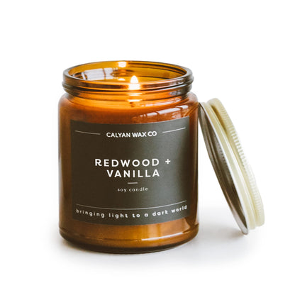Calyan Wax Co. Redwood & Vanilla Scented Candle - 57 Hour Burn - Luxury Clean Soy Wax Candles - Long Lasting Amber Glass Jar Candle for Home - 7.2oz